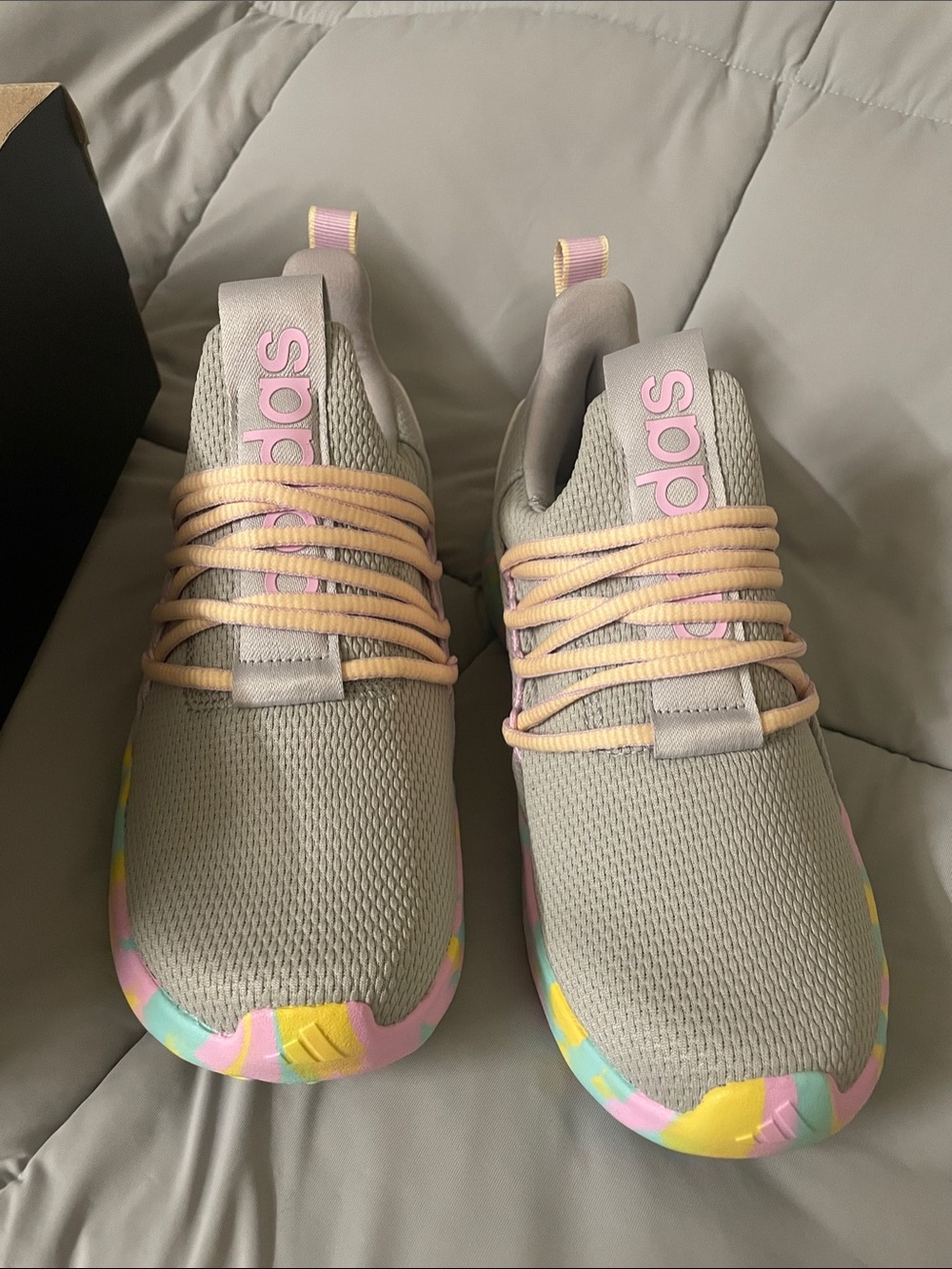 adidas Kids Gray Sneakers with Pastel Pink, Yellow and Mint Accents